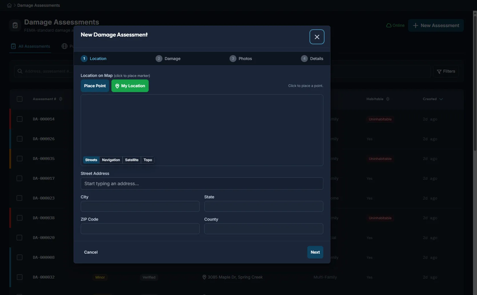 Command Bridge guided multi-step damage assessment form with location, damage, photos, and details